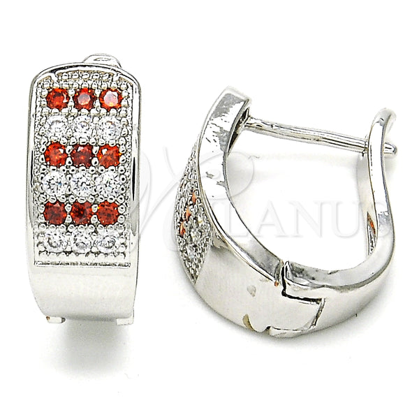 White Gold Filled Hoop Earrings — Huggie Hoop with Garnet and White Cubic Zirconia — main product view — SKU 126149 | Oro Laminado Blanco aretes de aro — Huggie Hoop with Garnet and blanco Cubic Zirconia — SKU 126149