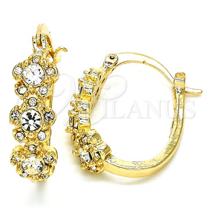 Gold Filled Hoop Earrings — Small Hoop Flower Design with White Crystal Polished — main product view — SKU 126186 | Oro Laminado aretes de aro — Small Hoop flor diseño with cristal blanco pulido — SKU 126186
