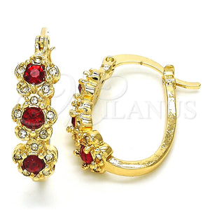 Gold Filled Hoop Earrings — Small Hoop Flower Design with Garnet and White — main product view — SKU 126187 | Oro Laminado aretes de aro — Small Hoop flor diseño with Garnet and blanco — SKU 126187