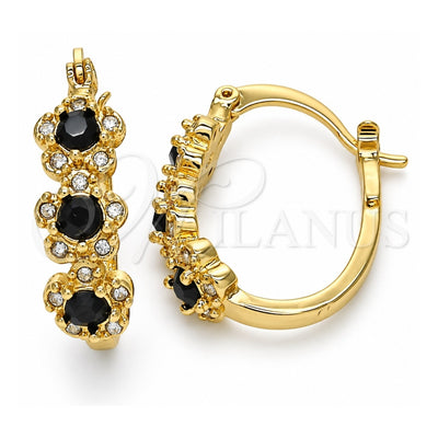 Oro Laminado Small Hoop, Gold Filled Style Flower Design, with Black and White Crystal, Polished, Golden Finish, 02.100.0090.2.15