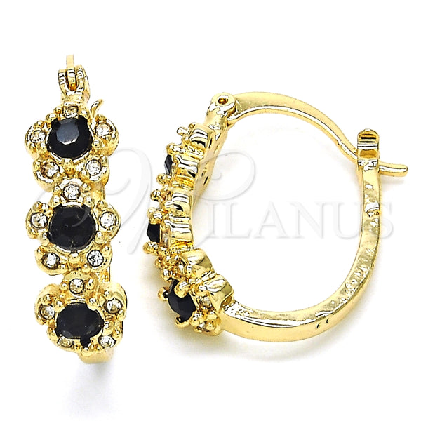Gold Filled Hoop Earrings — Small Hoop Flower Design with Black and White — main product view — SKU 126188 | Oro Laminado aretes de aro — Small Hoop flor diseño with negro and blanco — SKU 126188