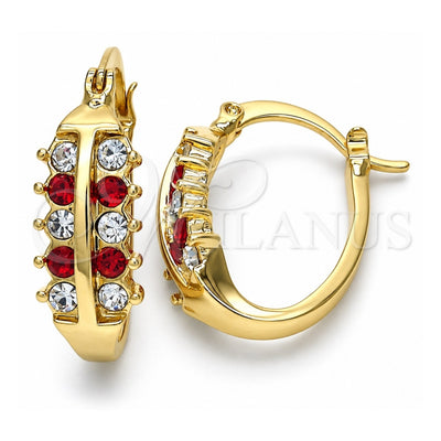 Oro Laminado Small Hoop, Gold Filled Style with Garnet and White Crystal, Polished, Golden Finish, 02.100.0092.1.15