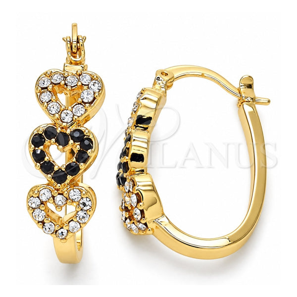 Oro Laminado Small Hoop, Gold Filled Style Heart Design, with Black and White Crystal, Polished, Golden Finish, 02.100.0096.1.20