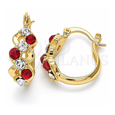Oro Laminado Small Hoop, Gold Filled Style with Garnet and White Crystal, Polished, Golden Finish, 02.100.0098.1.20