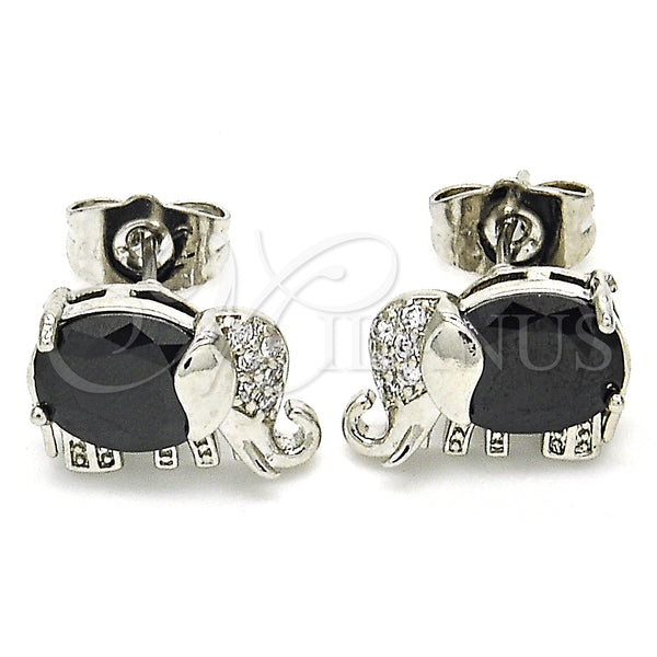Rhodium Plated Stud Earring, Elephant Design, with Black and White Cubic Zirconia, Polished, Rhodium Finish, 02.210.0159.9