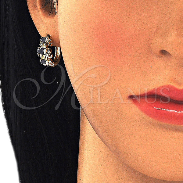 Gold Filled Hoop Earrings — Huggie Hoop Elephant Design with Black and White — main product view — SKU 126225 | Oro Laminado aretes de aro — Huggie Hoop Elephant diseño with negro and blanco — SKU 126225