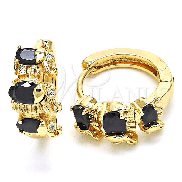 Oro Laminado Huggie Hoop, Gold Filled Style Elephant Design, with Black and White Cubic Zirconia, Polished, Golden Finish, 02.210.0160.8.15