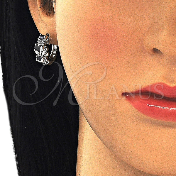 White Gold Filled Hoop Earrings — Huggie Hoop Elephant Design with Black and White — alternate product view — SKU 126226 | Oro Laminado Blanco aretes de aro — Huggie Hoop Elephant diseño with negro and blanco — SKU 126226