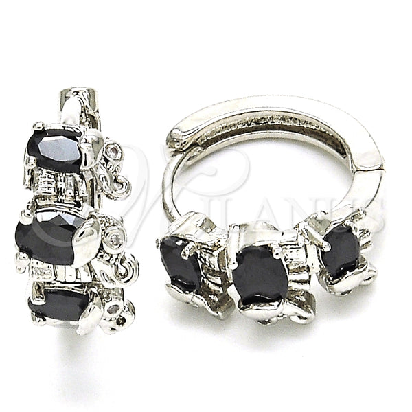 White Gold Filled Hoop Earrings — Huggie Hoop Elephant Design with Black and White — main product view — SKU 126226 | Oro Laminado Blanco aretes de aro — Huggie Hoop Elephant diseño with negro and blanco — SKU 126226