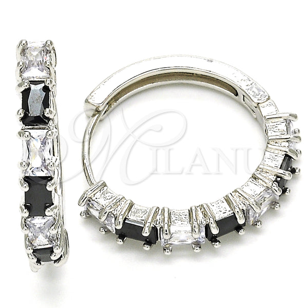 White Gold Filled Hoop Earrings — Huggie Hoop with Black and White Cubic Zirconia — main product view — SKU 126233 | Oro Laminado Blanco aretes de aro — Huggie Hoop with negro and blanco Cubic Zirconia — SKU 126233