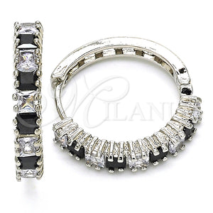 White Gold Filled Hoop Earrings — Huggie Hoop with Black and White Cubic Zirconia — main product view — SKU 126235 | Oro Laminado Blanco aretes de aro — Huggie Hoop with negro and blanco Cubic Zirconia — SKU 126235