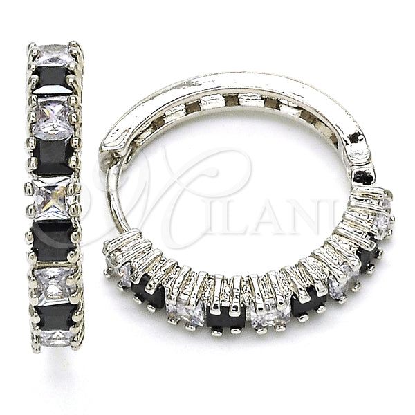 White Gold Filled Hoop Earrings — Huggie Hoop with Black and White Cubic Zirconia — main product view — SKU 126235 | Oro Laminado Blanco aretes de aro — Huggie Hoop with negro and blanco Cubic Zirconia — SKU 126235