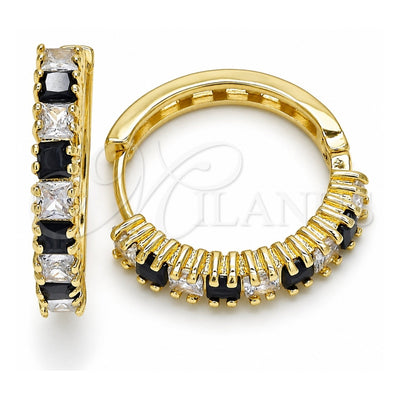 Oro Laminado Huggie Hoop, Gold Filled Style with Black and White Cubic Zirconia, Polished, Golden Finish, 02.210.0105.12.25