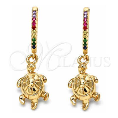 Oro Laminado Huggie Hoop, Gold Filled Style Turtle Design, with Multicolor Cubic Zirconia, Polished, Golden Finish, 02.63.2667.3.20