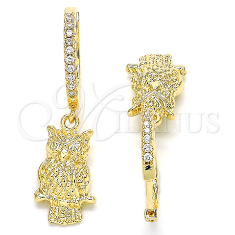 Oro Laminado Huggie Hoop, Gold Filled Style Owl Design, with White Cubic Zirconia, Polished, Golden Finish, 02.63.2668.20