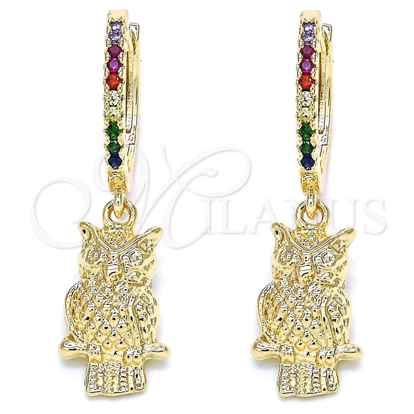 Gold Filled Hoop Earrings — Huggie Hoop Owl Design with Multicolor Cubic Zirconia — main product view — SKU 126244 | Oro Laminado aretes de aro — Huggie Hoop Owl diseño with Multicolor Cubic Zirconia — SKU 126244