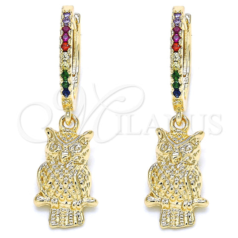 Oro Laminado Huggie Hoop, Gold Filled Style Owl Design, with Multicolor Cubic Zirconia, Polished, Golden Finish, 02.63.2668.3.20