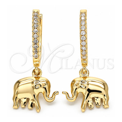 Oro Laminado Huggie Hoop, Gold Filled Style Elephant Design, with White Cubic Zirconia, Polished, Golden Finish, 02.63.2669.20