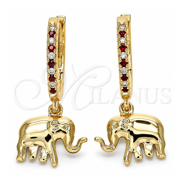 Oro Laminado Huggie Hoop, Gold Filled Style Elephant Design, with Garnet Cubic Zirconia and White Crystal, Polished, Golden Finish, 02.63.2669.1.20