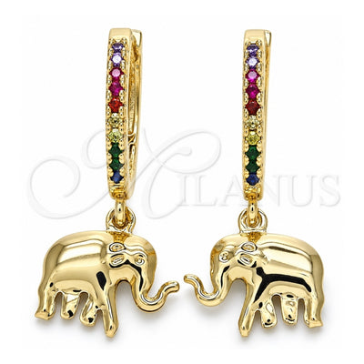 Oro Laminado Huggie Hoop, Gold Filled Style Elephant Design, with Multicolor Cubic Zirconia, Polished, Golden Finish, 02.63.2669.3.20