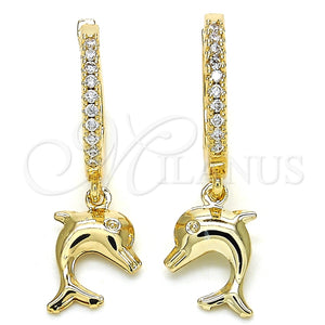Gold Filled Hoop Earrings — Huggie Hoop Dolphin Design with White Cubic Zirconia — main product view — SKU 126249 | Oro Laminado aretes de aro — Huggie Hoop Dolphin diseño with blanco Cubic Zirconia — SKU 126249