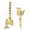 Oro Laminado Huggie Hoop, Gold Filled Style Dolphin Design, with Garnet Cubic Zirconia and White Crystal, Polished, Golden Finish, 02.63.2670.1.20