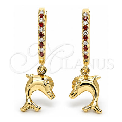 Oro Laminado Huggie Hoop, Gold Filled Style Dolphin Design, with Garnet Cubic Zirconia and White Crystal, Polished, Golden Finish, 02.63.2670.1.20