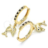 Oro Laminado Huggie Hoop, Gold Filled Style Dolphin Design, with Black Cubic Zirconia and White Crystal, Polished, Golden Finish, 02.63.2670.2.20