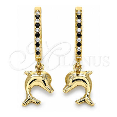 Oro Laminado Huggie Hoop, Gold Filled Style Dolphin Design, with Black Cubic Zirconia and White Crystal, Polished, Golden Finish, 02.63.2670.2.20
