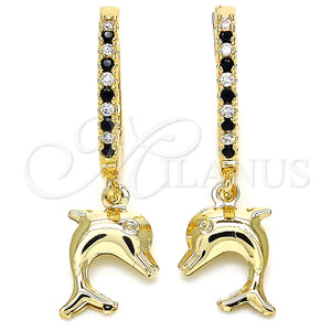 Gold Filled Hoop Earrings — Huggie Hoop Dolphin Design with Black Cubic Zirconia — main product view — SKU 126251 | Oro Laminado aretes de aro — Huggie Hoop Dolphin diseño with negro Cubic Zirconia — SKU 126251