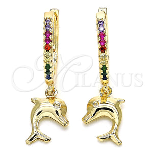 Gold Filled Hoop Earrings — Huggie Hoop Dolphin Design with Multicolor Cubic Zirconia — main product view — SKU 126252 | Oro Laminado aretes de aro — Huggie Hoop Dolphin diseño with Multicolor Cubic Zirconia — SKU 126252