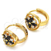 Oro Laminado Huggie Hoop, Gold Filled Style Flower Design, with Black and White Cubic Zirconia, Polished, Golden Finish, 02.316.0042.15