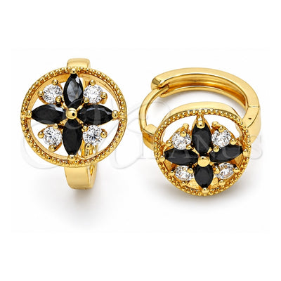 Oro Laminado Huggie Hoop, Gold Filled Style Flower Design, with Black and White Cubic Zirconia, Polished, Golden Finish, 02.316.0042.15