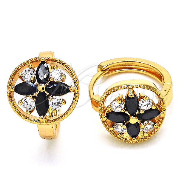 Gold Filled Hoop Earrings — Huggie Hoop Flower Design with Black and White — main product view — SKU 126258 | Oro Laminado aretes de aro — Huggie Hoop flor diseño with negro and blanco — SKU 126258