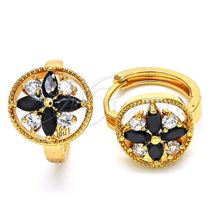 Gold Filled Hoop Earrings — Huggie Hoop Flower Design with Black and White — main product view — SKU 126258 | Oro Laminado aretes de aro — Huggie Hoop flor diseño with negro and blanco — SKU 126258