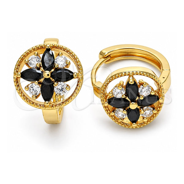 Oro Laminado Huggie Hoop, Gold Filled Style Flower Design, with Black and White Cubic Zirconia, Polished, Golden Finish, 02.316.0042.15