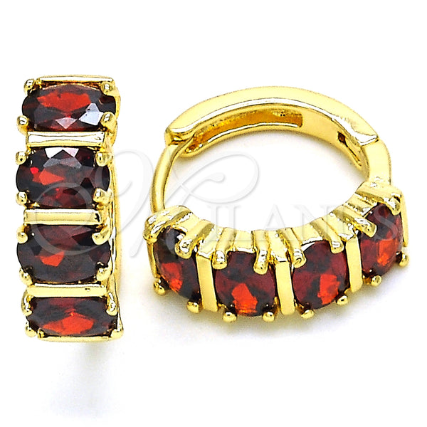 Gold Filled Hoop Earrings — Huggie Hoop with Garnet Micro Pave Polished 02. — main product view — SKU 126269 | Oro Laminado aretes de aro — Huggie Hoop with Garnet Micro Pave pulido 02. — SKU 126269