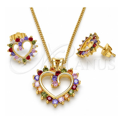 Oro Laminado Earring and Pendant Adult Set, Gold Filled Style Heart Design, with Multicolor Cubic Zirconia, Polished, Golden Finish, 10.316.0015.2