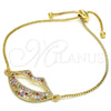 Oro Laminado Adjustable Bolo Bracelet, Gold Filled Style Lips Design, with Multicolor Cubic Zirconia, Polished, Golden Finish, 03.316.0027.10 (01 MM Thickness, 10 Inches Length)