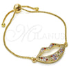 Oro Laminado Adjustable Bolo Bracelet, Gold Filled Style Lips Design, with Multicolor Cubic Zirconia, Polished, Golden Finish, 03.316.0027.10 (01 MM Thickness, 10 Inches Length)