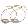 Oro Laminado Adjustable Bolo Bracelet, Gold Filled Style Lips Design, with Multicolor Cubic Zirconia, Polished, Golden Finish, 03.316.0027.10 (01 MM Thickness, 10 Inches Length)