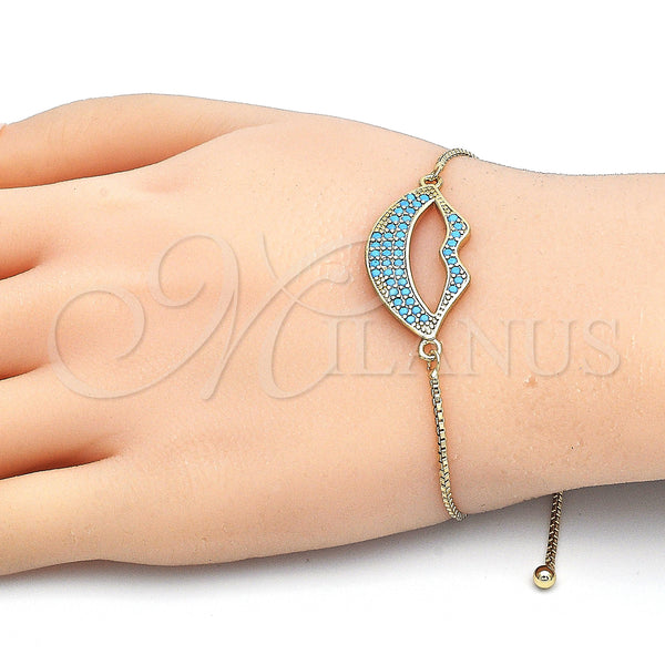 Gold Filled Bracelet — Adjustable Bolo Bracelet Lips Design with Turquoise Cubic — alternate product view — SKU 126289 | Oro Laminado brazalete — Adjustable Bolo Bracelet Lips diseño with Turquoise Cubic — SKU 126289