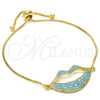 Oro Laminado Adjustable Bolo Bracelet, Gold Filled Style Lips Design, with Turquoise Cubic Zirconia, Polished, Golden Finish, 03.316.0027.1.10 (01 MM Thickness, 10 Inches Length)