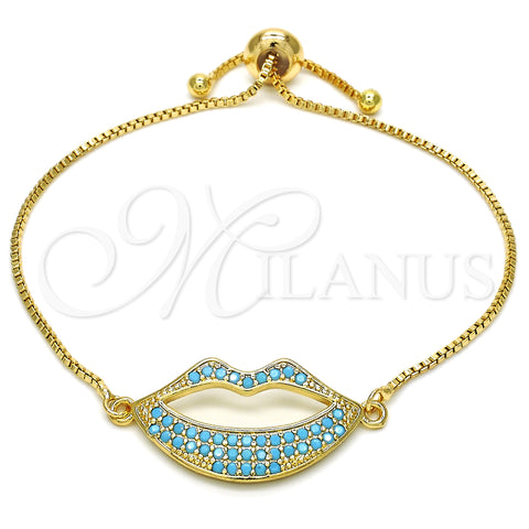 Oro Laminado Adjustable Bolo Bracelet, Gold Filled Style Lips Design, with Turquoise Cubic Zirconia, Polished, Golden Finish, 03.316.0027.1.10 (01 MM Thickness, 10 Inches Length)