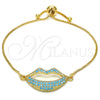 Oro Laminado Adjustable Bolo Bracelet, Gold Filled Style Lips Design, with Turquoise Cubic Zirconia, Polished, Golden Finish, 03.316.0027.1.10 (01 MM Thickness, 10 Inches Length)