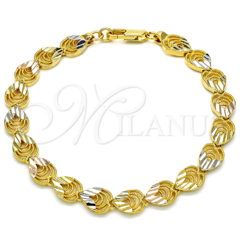 Oro Laminado Fancy Bracelet, Gold Filled Style Heart and Teardrop Design, Polished, Tricolor, 03.100.0053.1.08 (08 MM Thickness, 8 Inches Length)