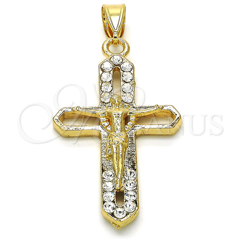 Oro Laminado Religious Pendant, Gold Filled Style Crucifix Design, with White Crystal, Polished, Golden Finish, 05.253.0056