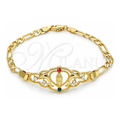 Oro Laminado Fancy Bracelet, Gold Filled Style Heart and Guadalupe Design, with Multicolor Crystal, Polished, Golden Finish, 03.253.0034.1.08 (05 MM Thickness, 8 Inches Length)