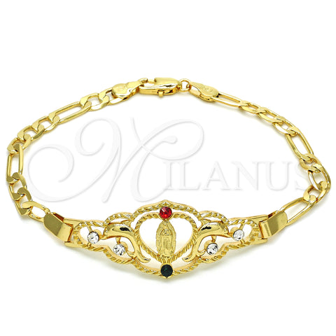 Oro Laminado Fancy Bracelet, Gold Filled Style Heart and Guadalupe Design, with Multicolor Crystal, Polished, Golden Finish, 03.253.0034.1.08 (05 MM Thickness, 8 Inches Length)
