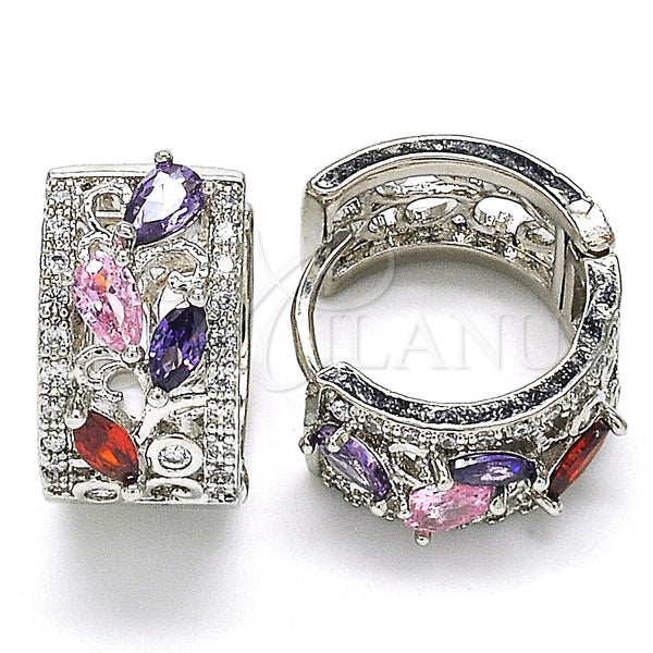 Rhodium Plated Huggie Hoop, Teardrop Design, with Multicolor Cubic Zirconia, Polished, Rhodium Finish, 02.210.0090.13.15